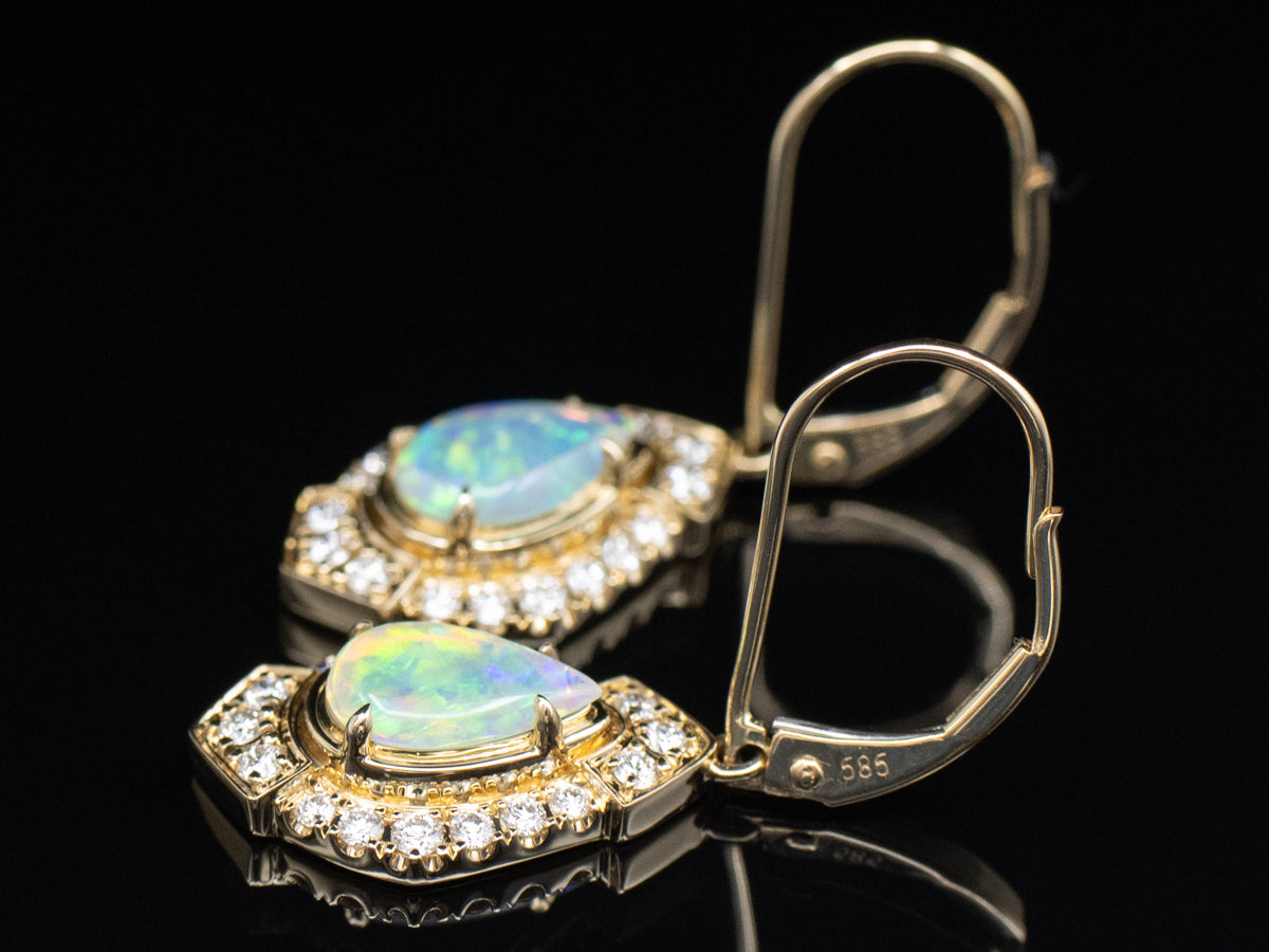 Australian Opal and Diamond Halo Gold Drop Earrings