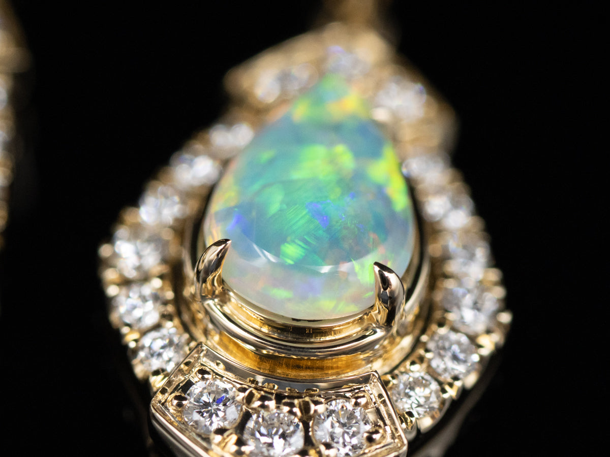 Australian Opal and Diamond Halo Gold Drop Earrings