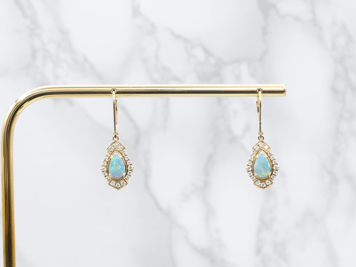 Australian Opal and Diamond Halo Gold Drop Earrings
