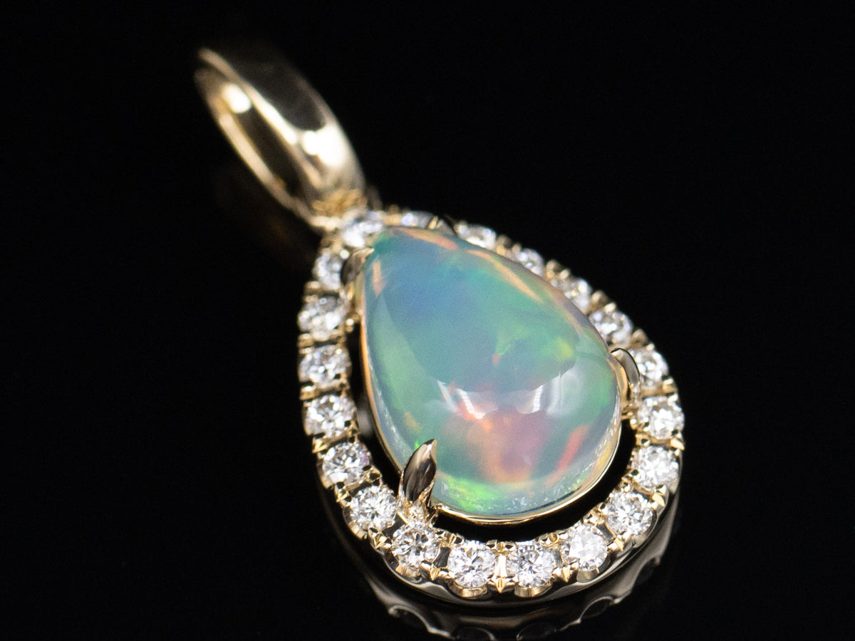 Modern Australian Opal and Diamond Halo Teardrop Pendant