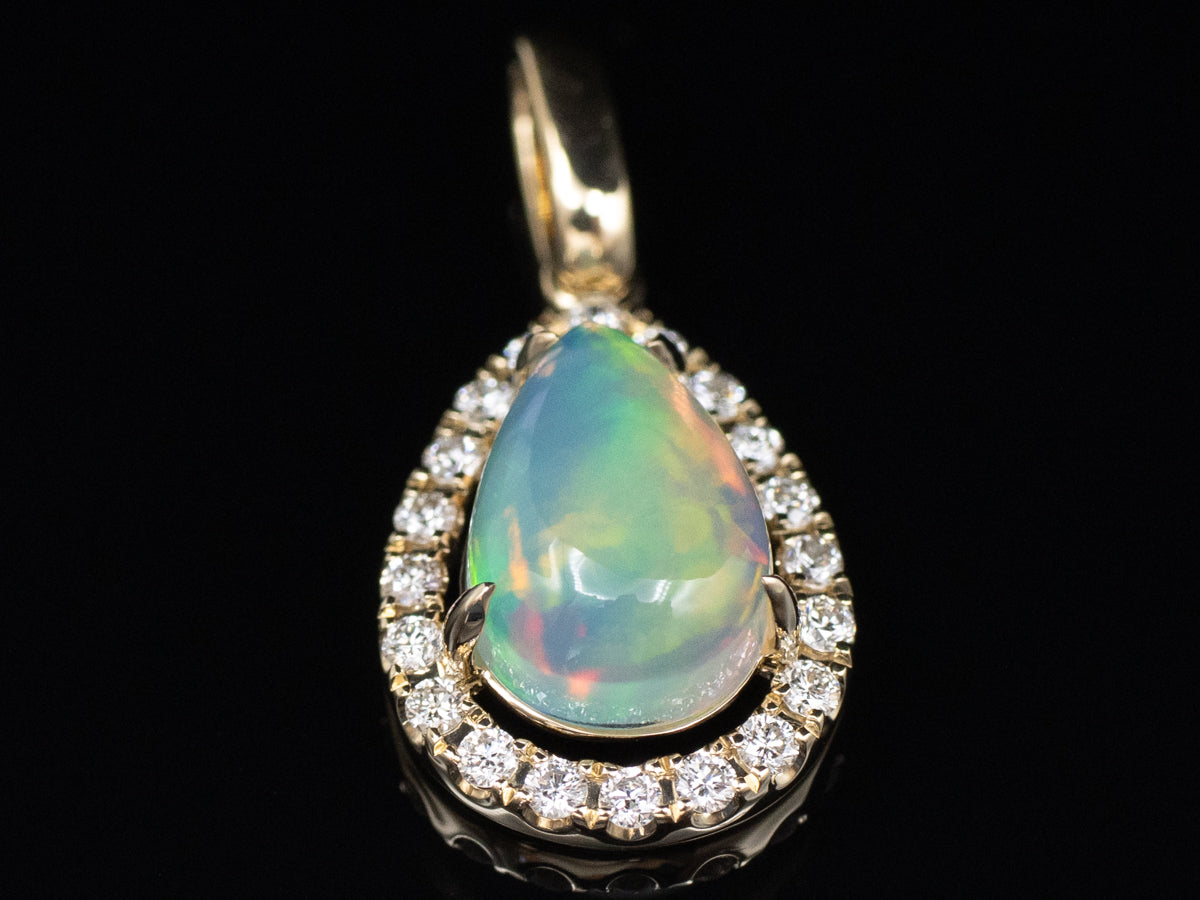 Modern Australian Opal and Diamond Halo Teardrop Pendant