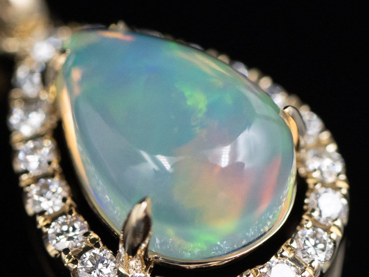 Modern Australian Opal and Diamond Halo Teardrop Pendant