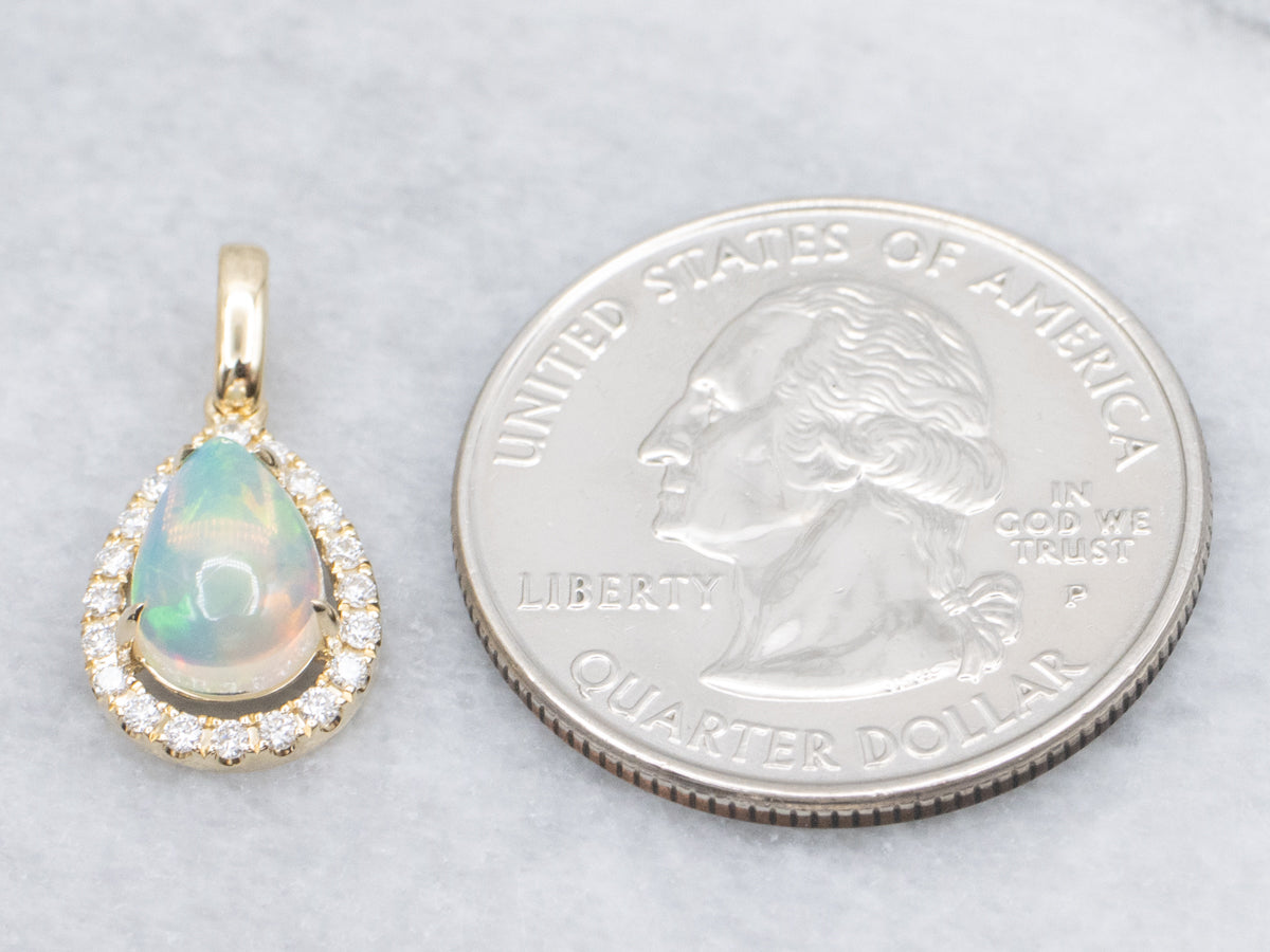 Modern Australian Opal and Diamond Halo Teardrop Pendant