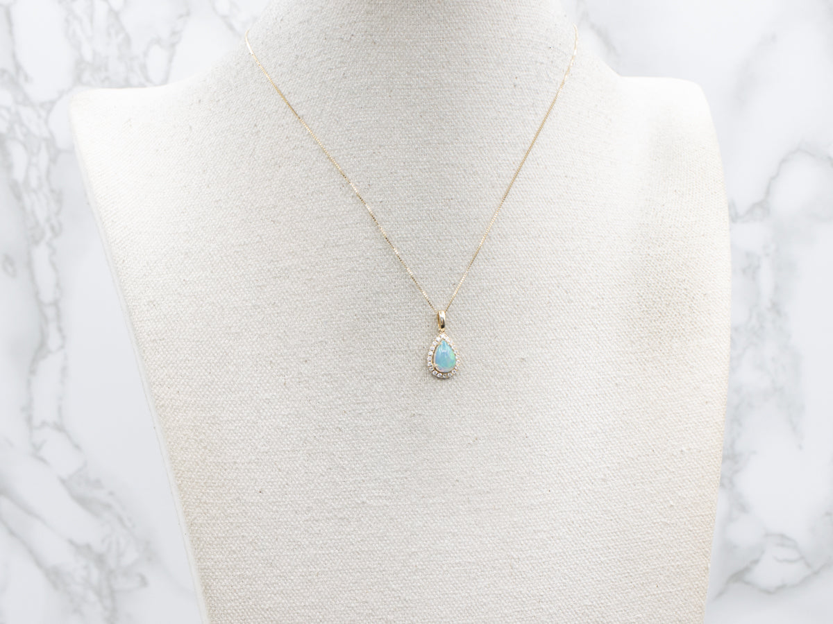 Modern Australian Opal and Diamond Halo Teardrop Pendant