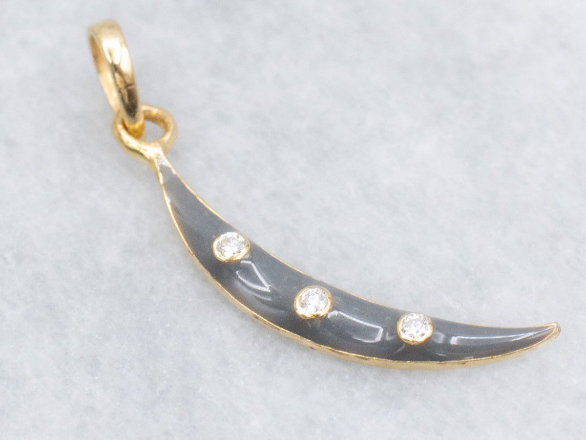 Enamel and Gold Diamond Crescent-Moon Pendant