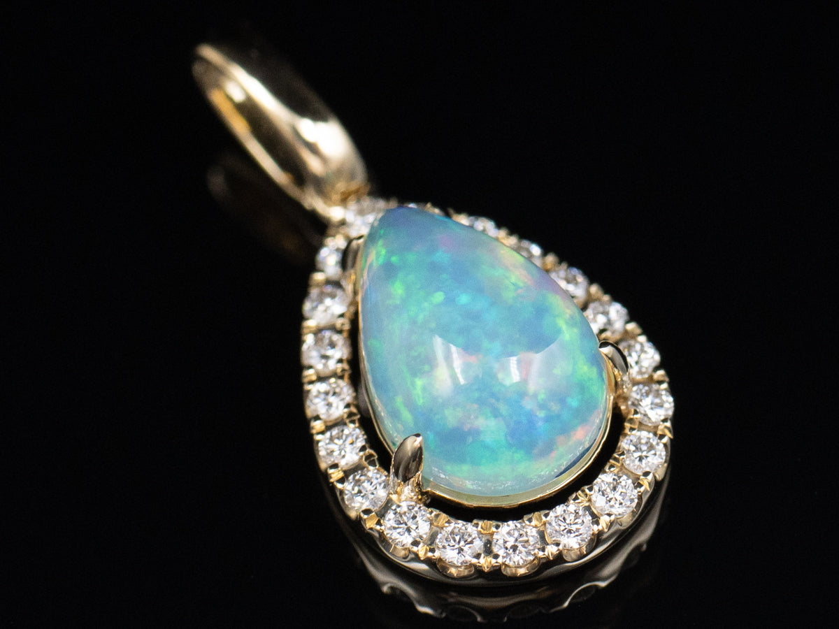 Pear-Cut Australian Opal and Diamond Halo Gold Pendant
