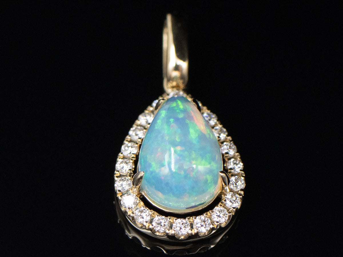 Pear-Cut Australian Opal and Diamond Halo Gold Pendant