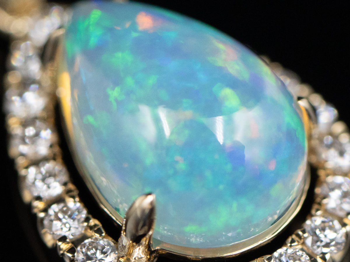 Pear-Cut Australian Opal and Diamond Halo Gold Pendant