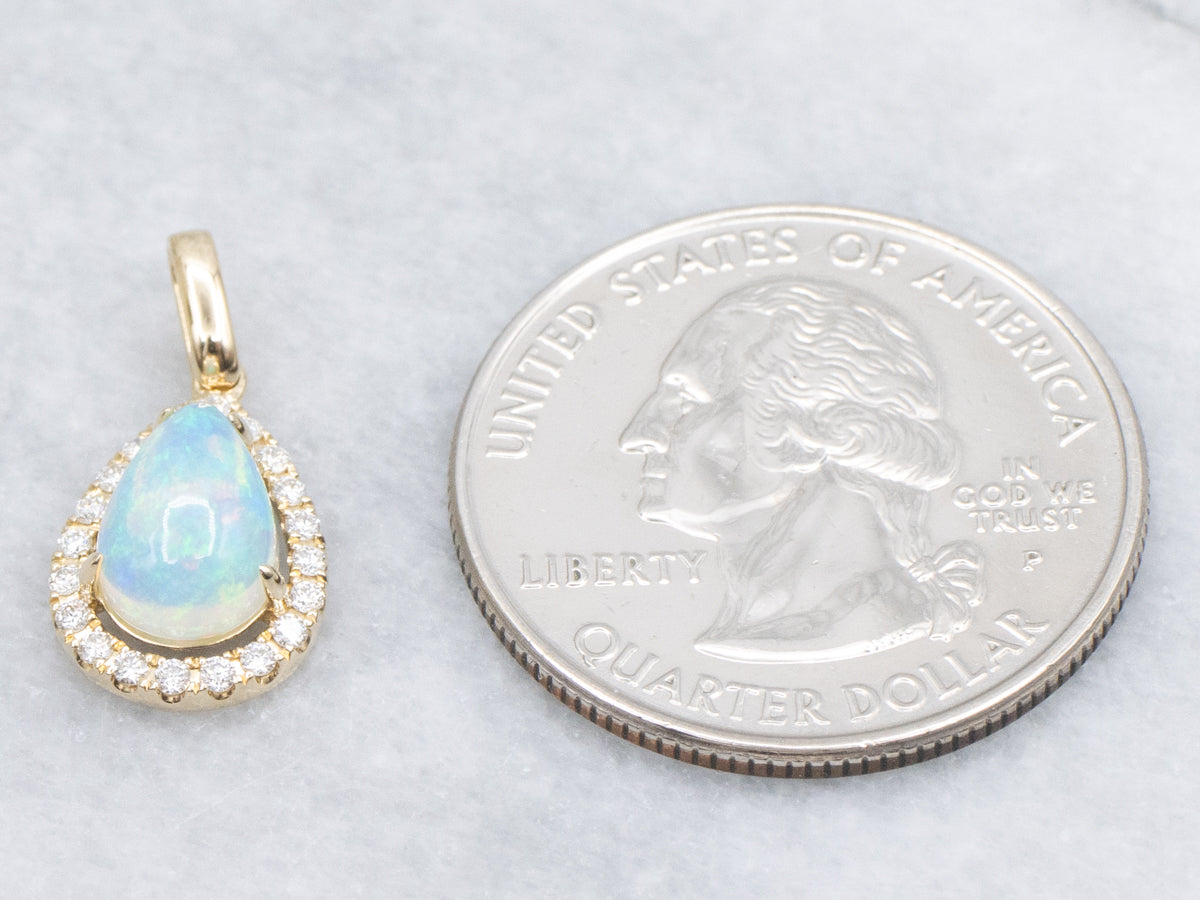 Pear-Cut Australian Opal and Diamond Halo Gold Pendant