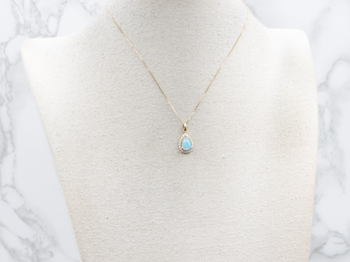 Pear-Cut Australian Opal and Diamond Halo Gold Pendant