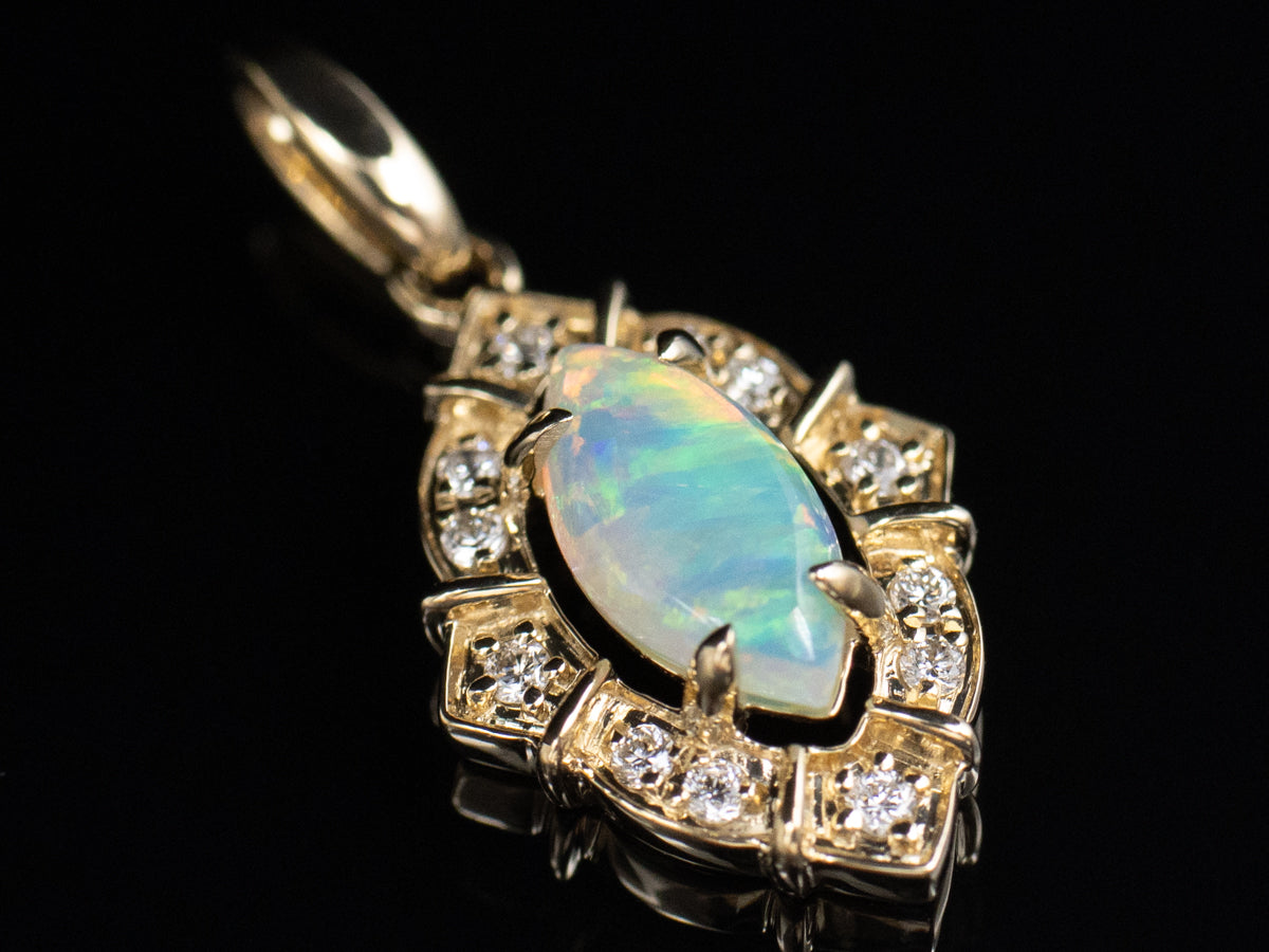Marquise-Cut Opal and Diamond Halo Yellow Gold Pendant