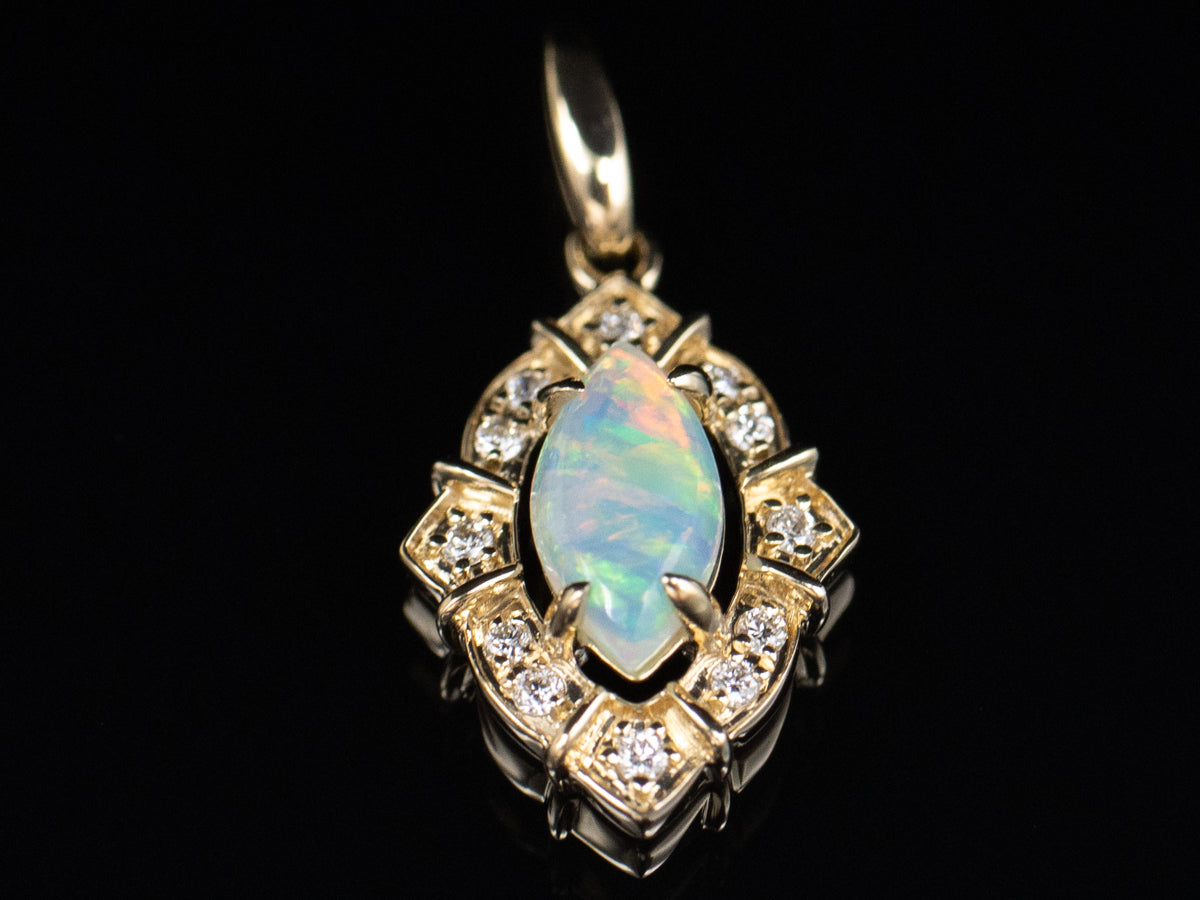 Marquise-Cut Opal and Diamond Halo Yellow Gold Pendant