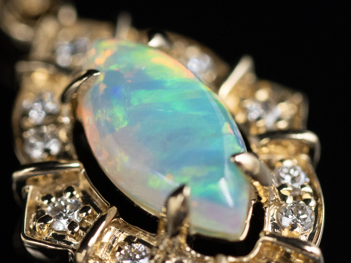 Marquise-Cut Opal and Diamond Halo Yellow Gold Pendant