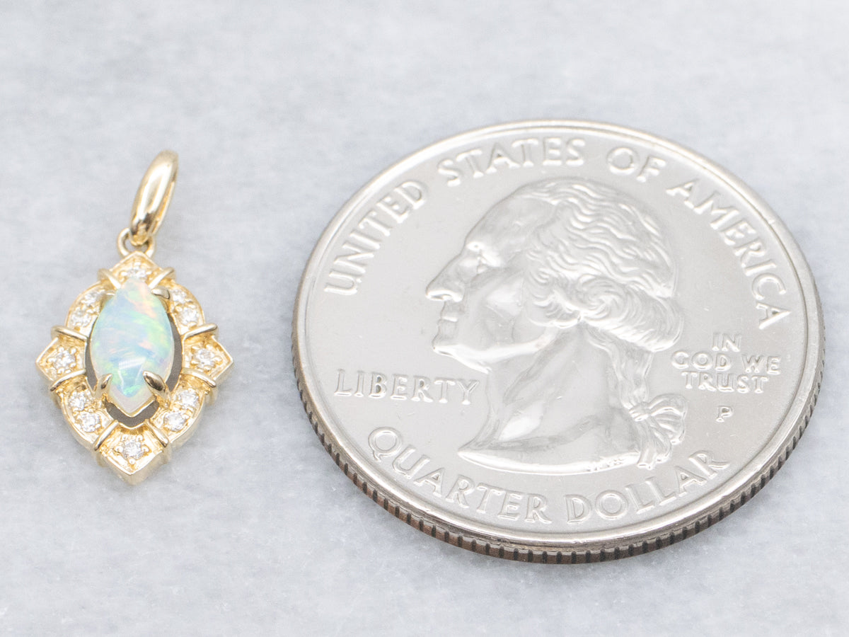 Marquise-Cut Opal and Diamond Halo Yellow Gold Pendant