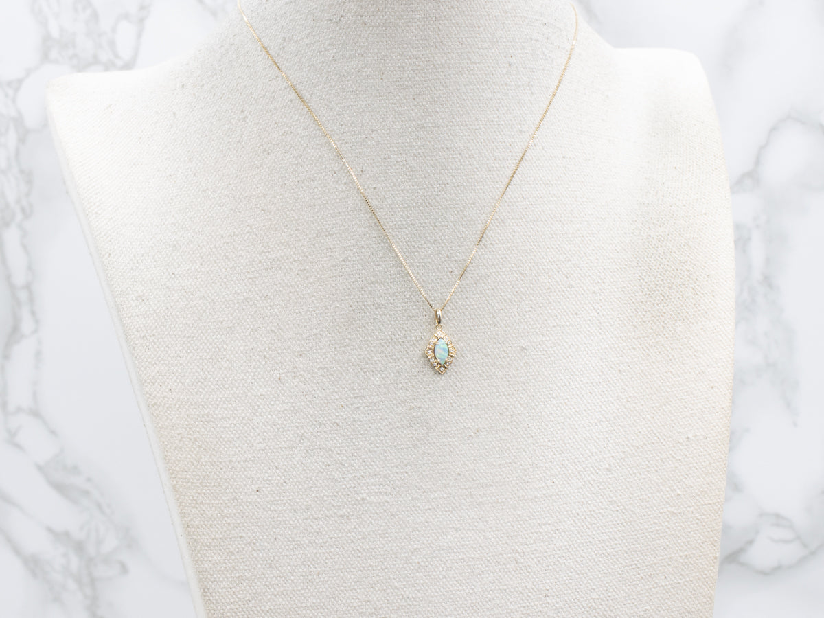 Marquise-Cut Opal and Diamond Halo Yellow Gold Pendant