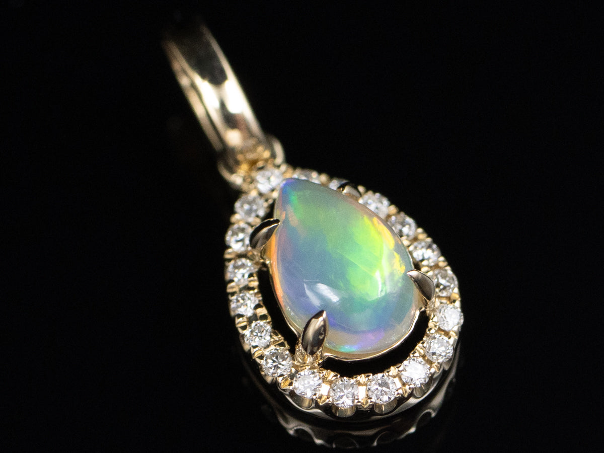 Teardrop Australian Opal and Diamond Halo Gold Pendant