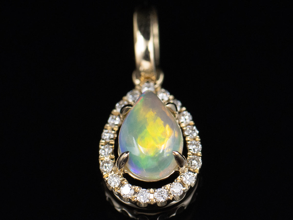 Teardrop Australian Opal and Diamond Halo Gold Pendant
