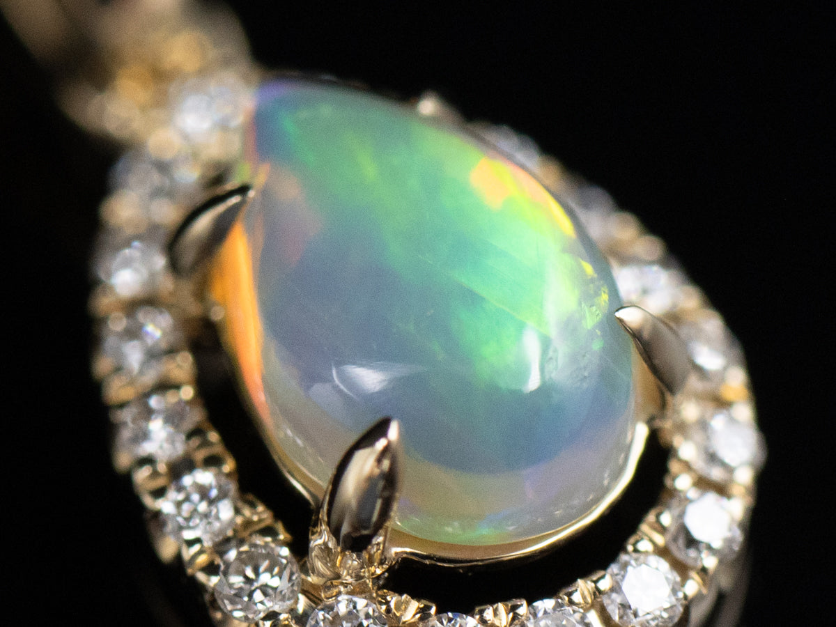 Teardrop Australian Opal and Diamond Halo Gold Pendant