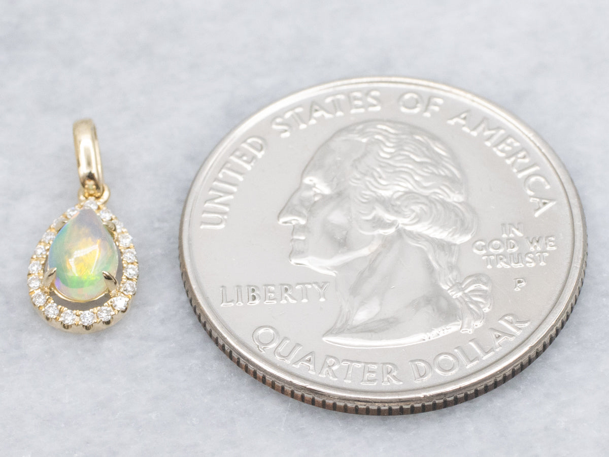 Teardrop Australian Opal and Diamond Halo Gold Pendant