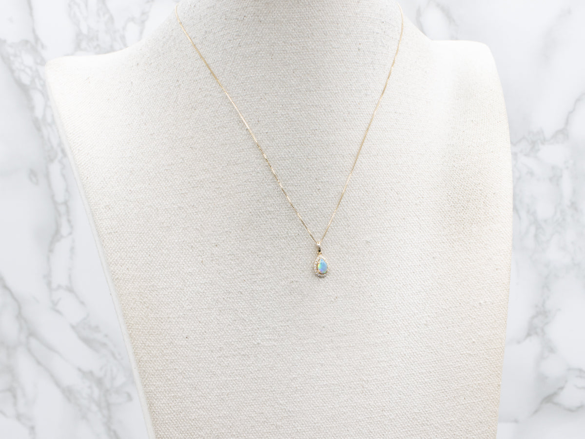 Teardrop Australian Opal and Diamond Halo Gold Pendant