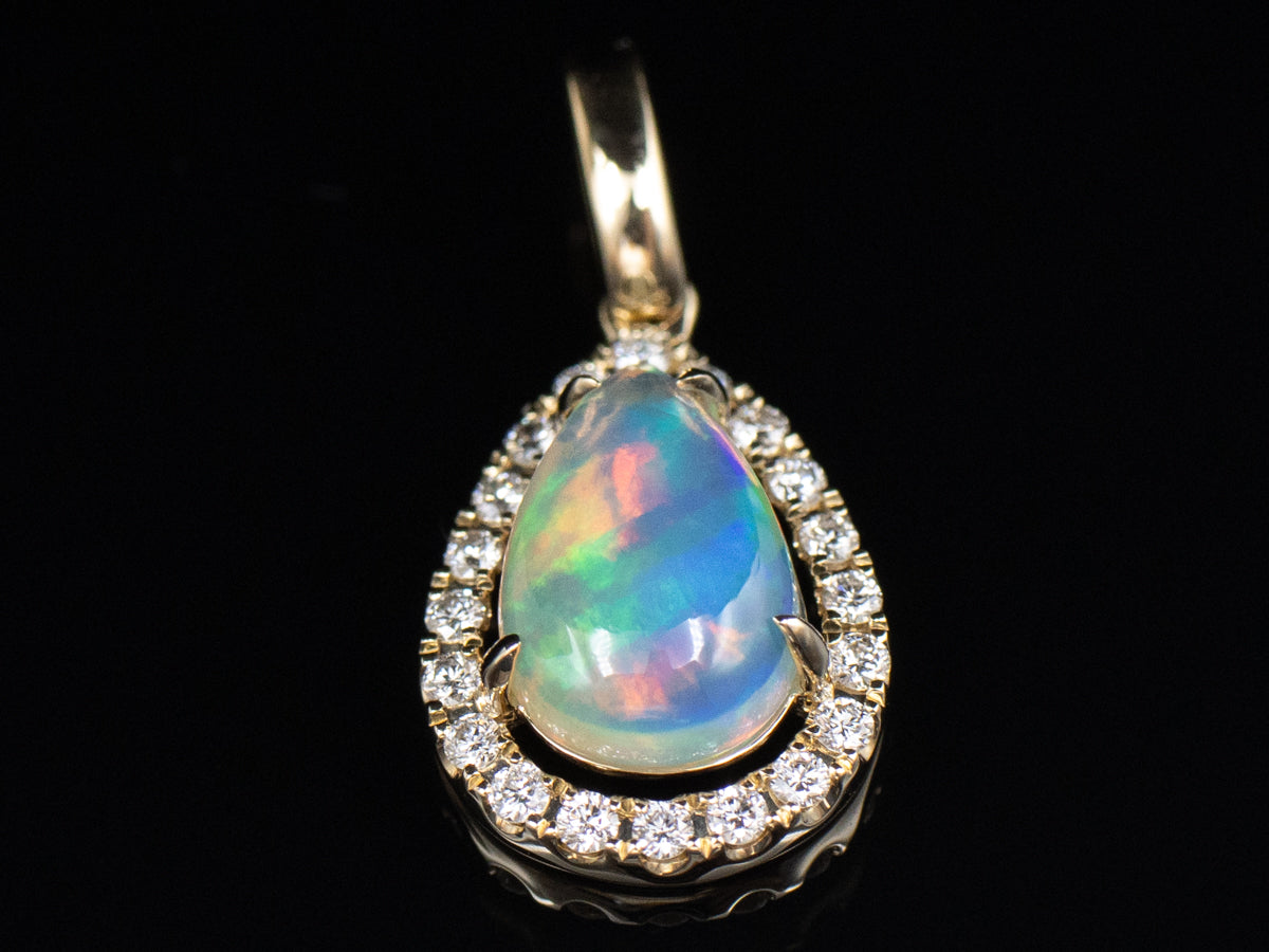Australian Opal and Diamond Halo Modern Gold Pendant