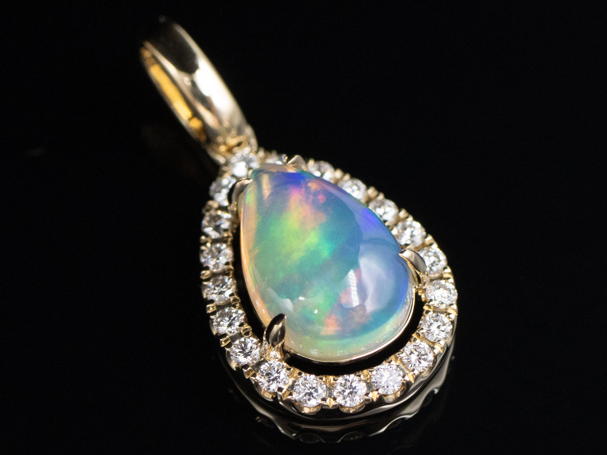 Australian Opal and Diamond Halo Modern Gold Pendant