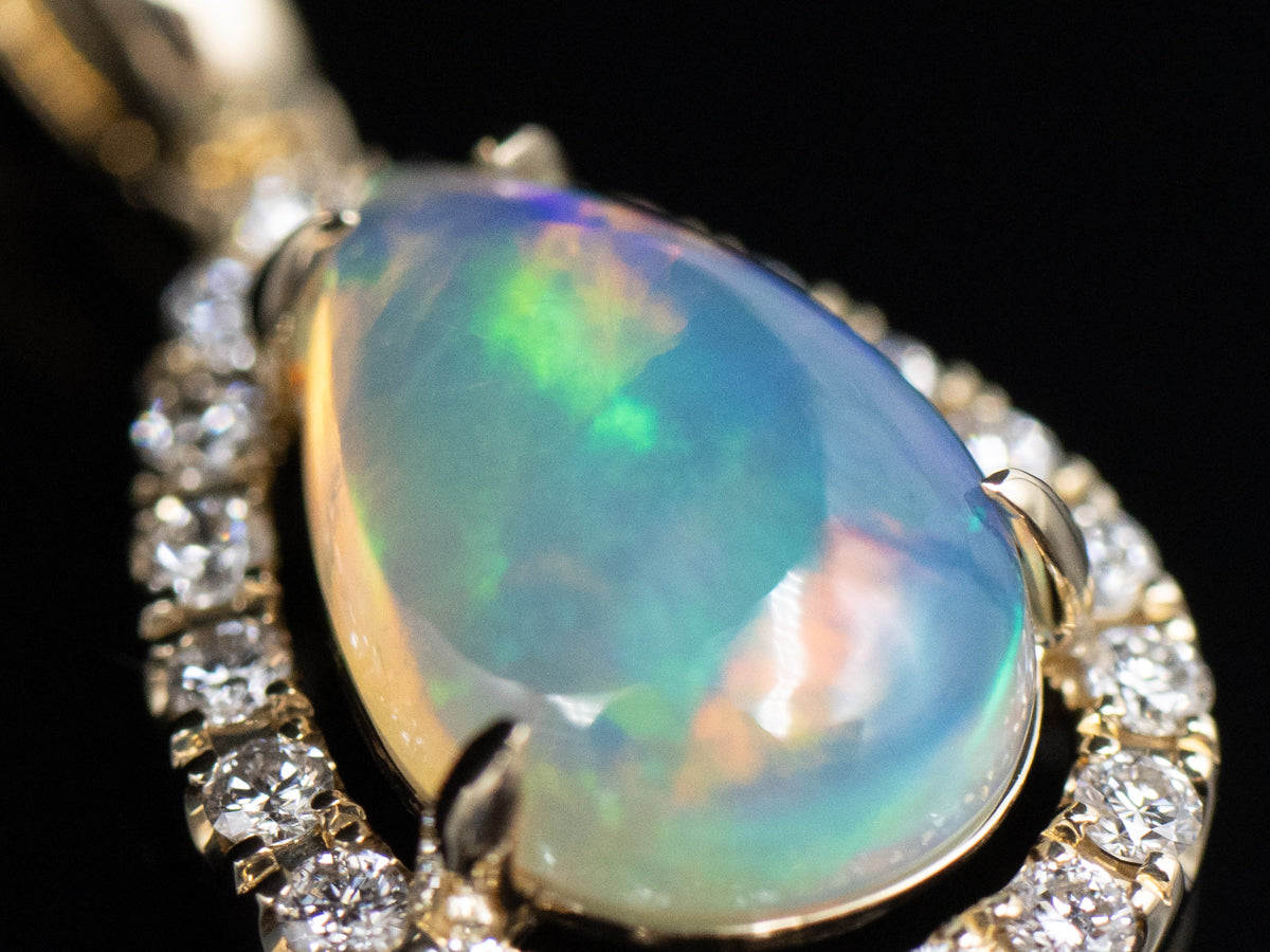 Australian Opal and Diamond Halo Modern Gold Pendant
