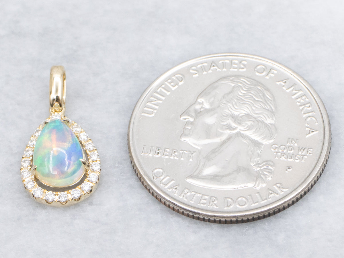 Australian Opal and Diamond Halo Modern Gold Pendant