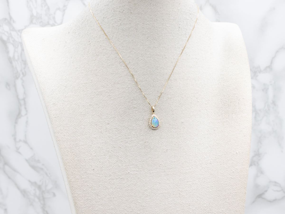 Australian Opal and Diamond Halo Modern Gold Pendant