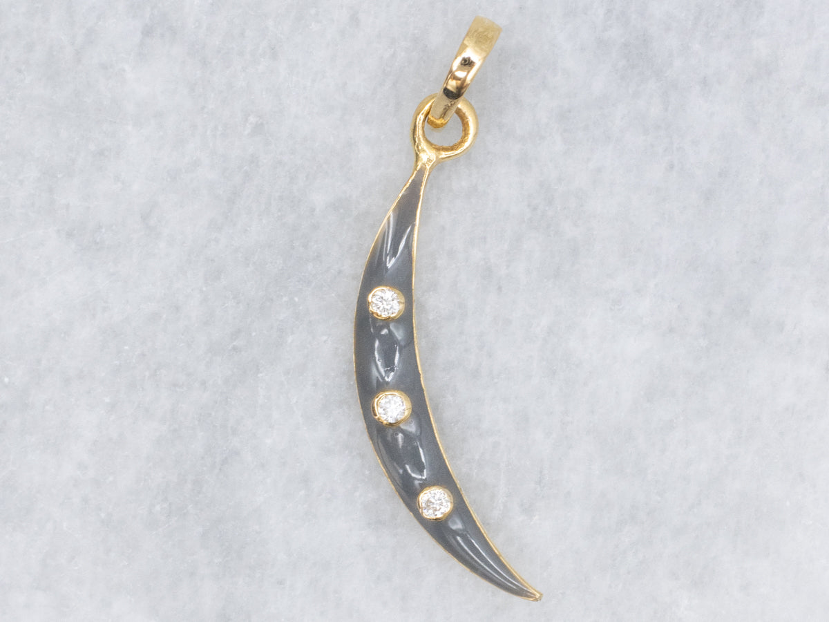 Enamel and Gold Diamond Crescent-Moon Pendant
