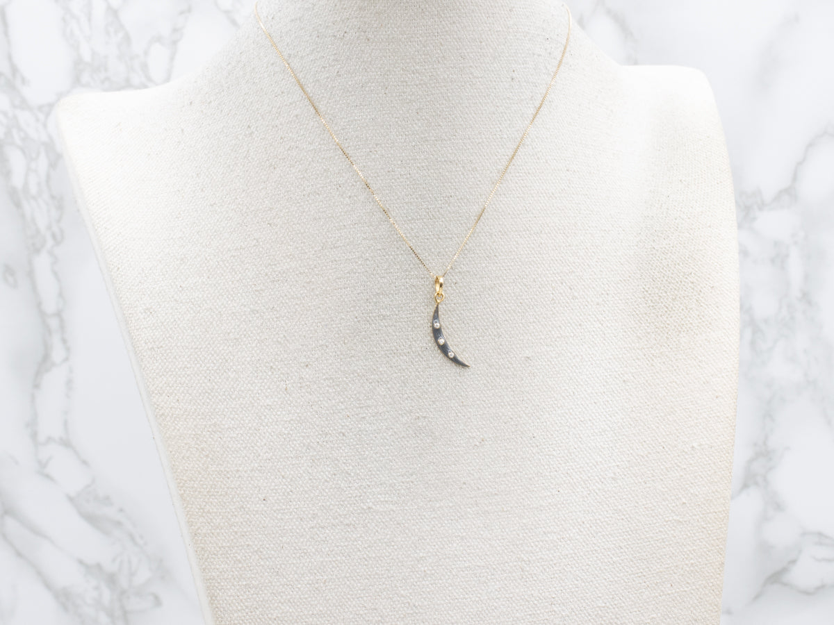 Enamel and Gold Diamond Crescent-Moon Pendant