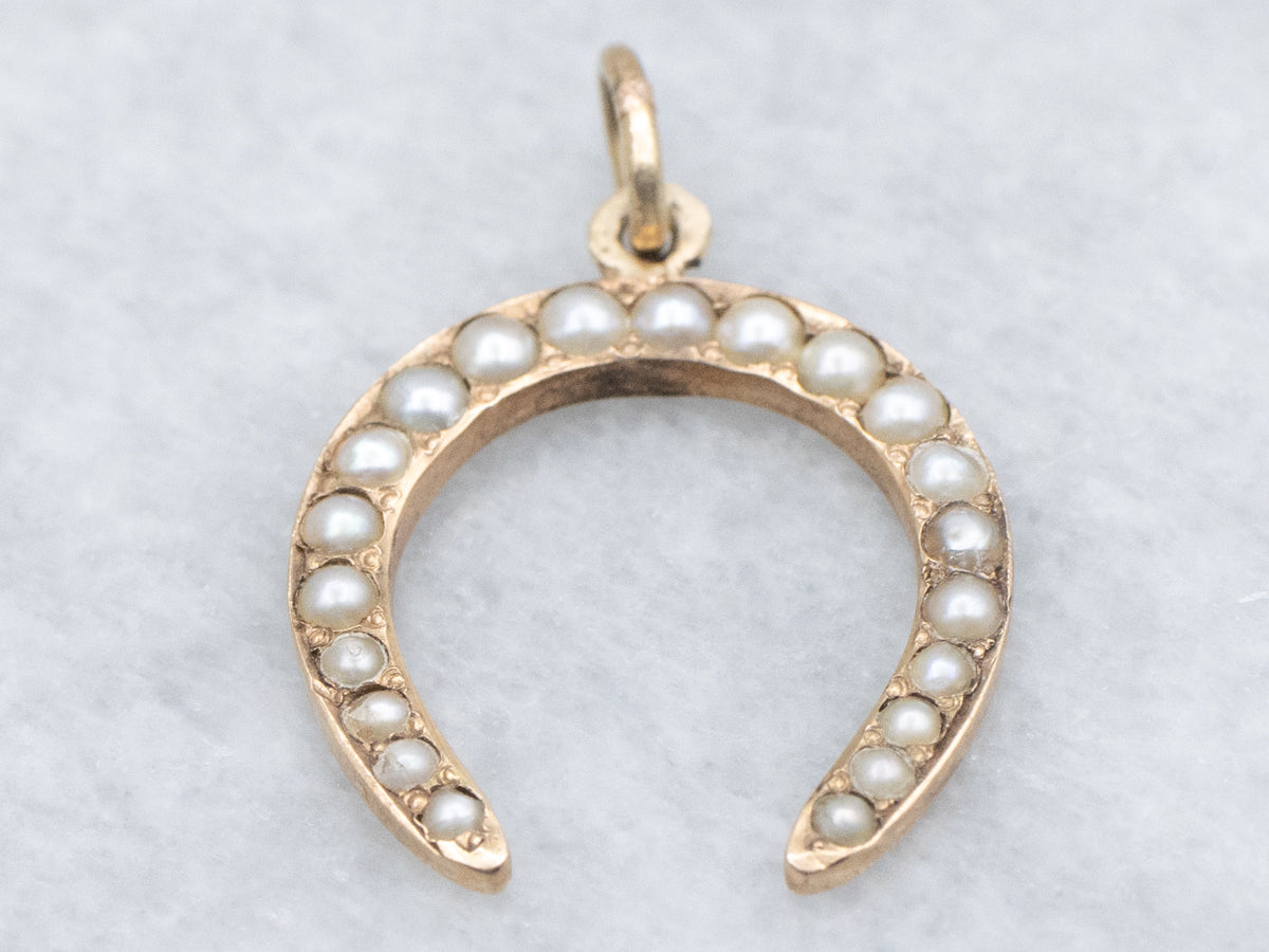 Antique Seed Pearl Yellow Gold Horseshoe Pendant