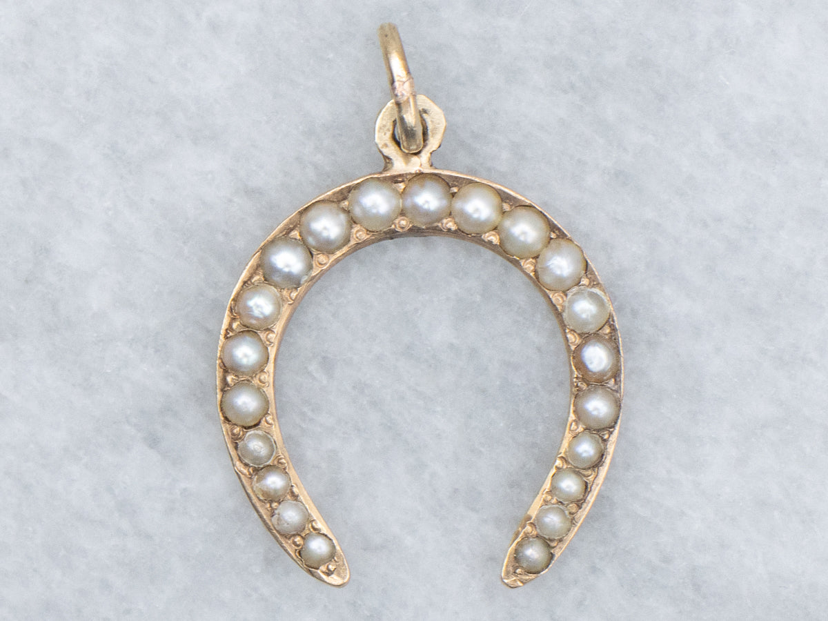 Antique Seed Pearl Yellow Gold Horseshoe Pendant