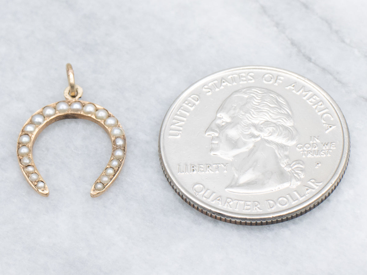 Antique Seed Pearl Yellow Gold Horseshoe Pendant