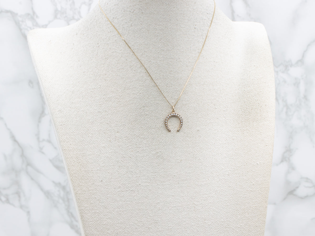 Antique Seed Pearl Yellow Gold Horseshoe Pendant