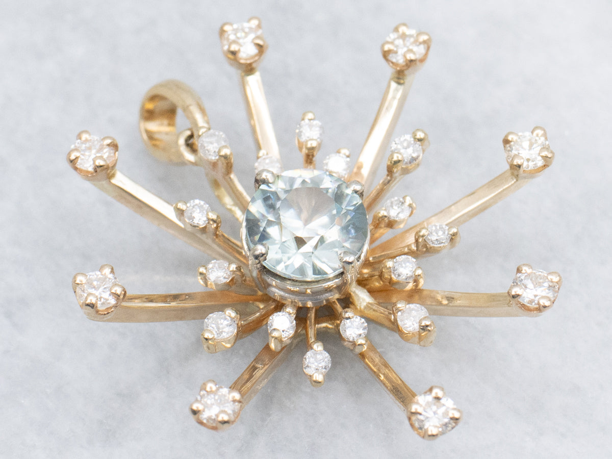 Blue Zircon and Diamond Atomic Starburst Pendant