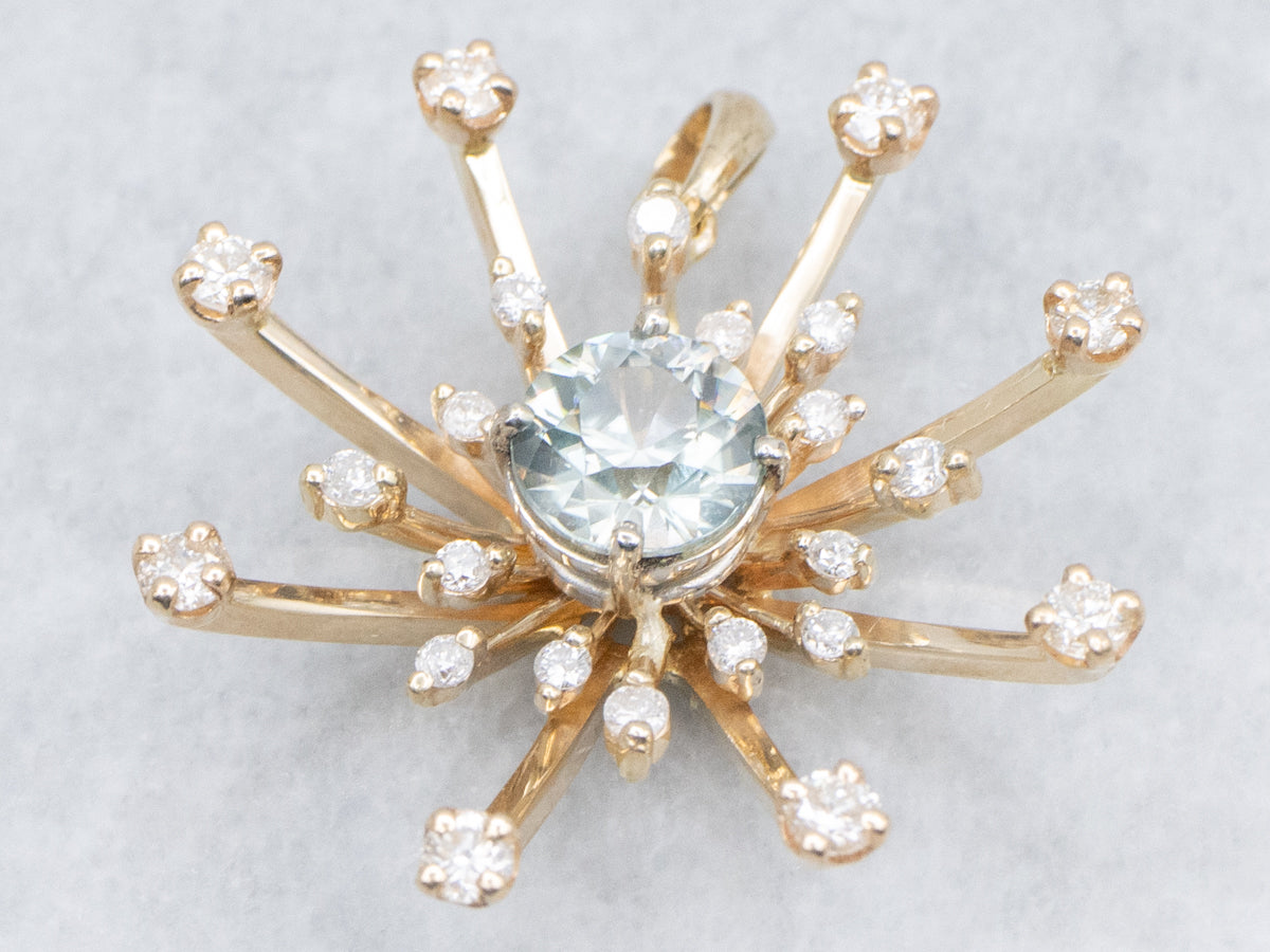 Blue Zircon and Diamond Atomic Starburst Pendant