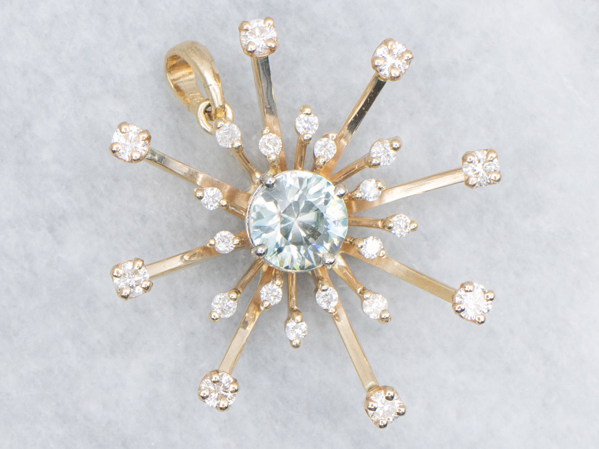 Blue Zircon and Diamond Atomic Starburst Pendant
