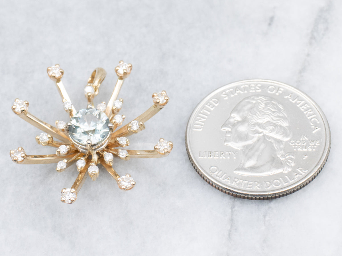 Blue Zircon and Diamond Atomic Starburst Pendant