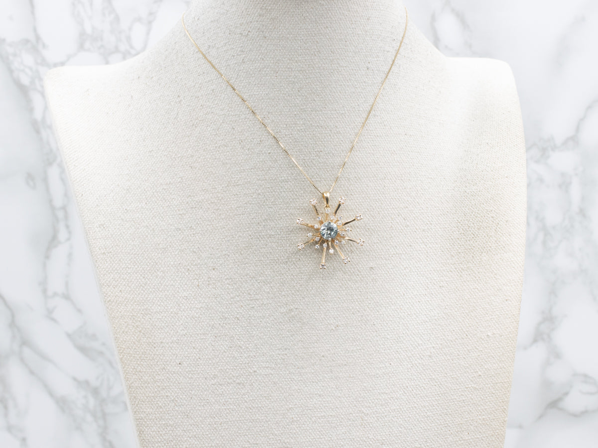 Blue Zircon and Diamond Atomic Starburst Pendant
