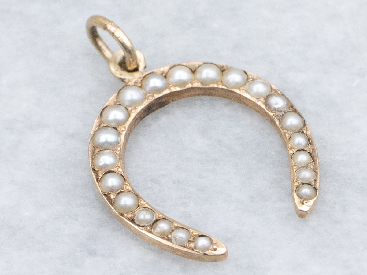 Antique Seed Pearl Yellow Gold Horseshoe Pendant