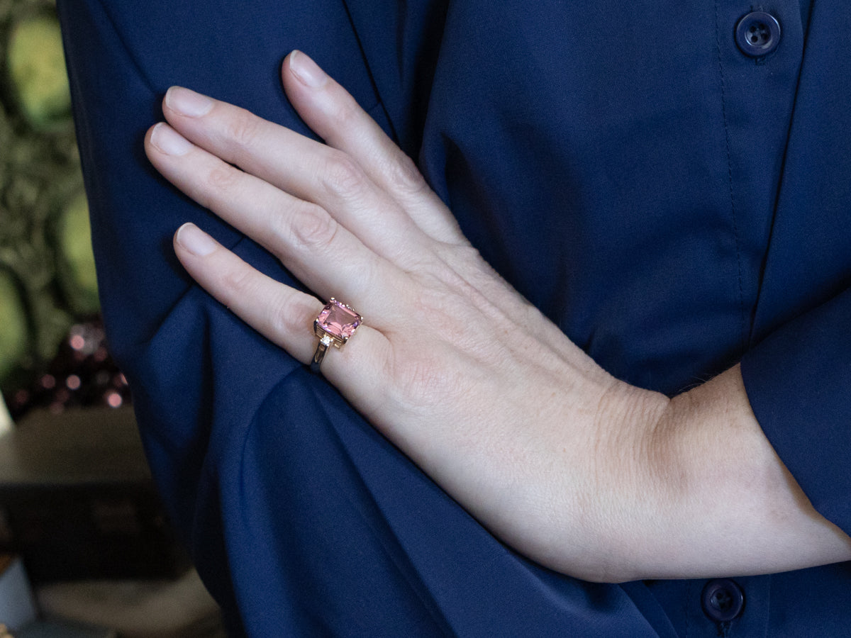 Modern Gold Pink Tourmaline and Diamond Ring