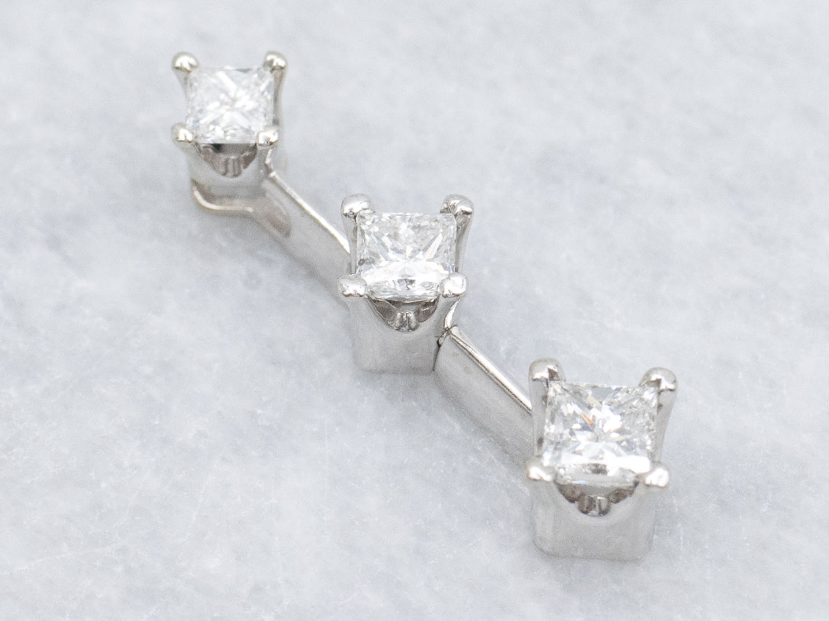 Graduated Triple Princess Cut Diamond Gold Bar Drop Pendant