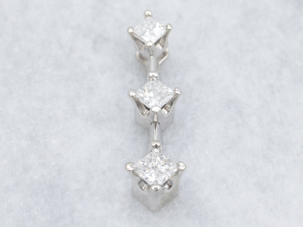 Graduated Triple Princess Cut Diamond Gold Bar Drop Pendant