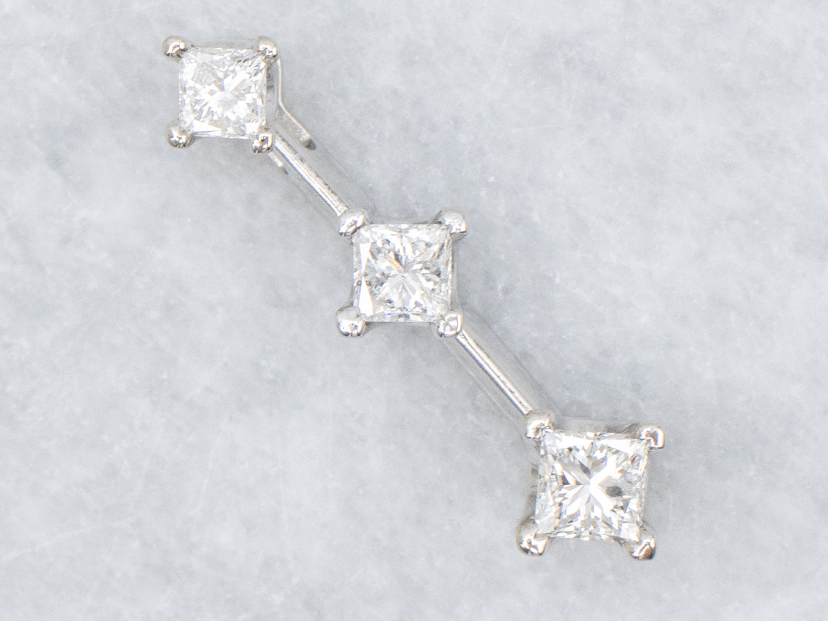Graduated Triple Princess Cut Diamond Gold Bar Drop Pendant