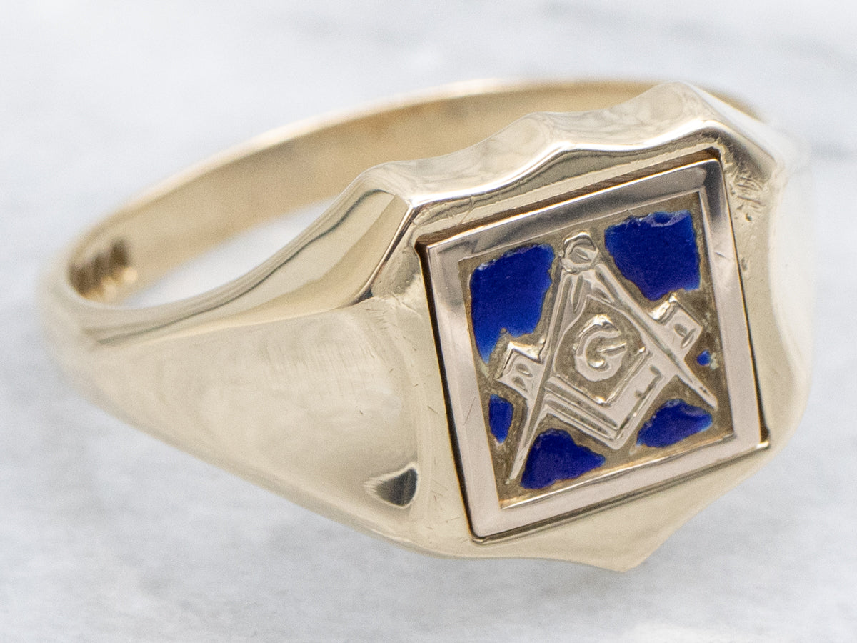 Men's Vintage Enamel Masonic and Engraved Letter "M" Gold Flip Ring