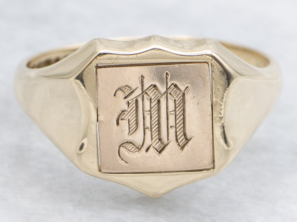 Men's Vintage Enamel Masonic and Engraved Letter "M" Gold Flip Ring