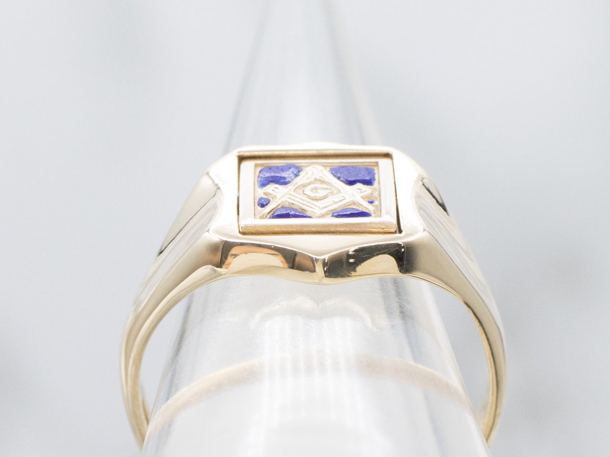 Men's Vintage Enamel Masonic and Engraved Letter "M" Gold Flip Ring