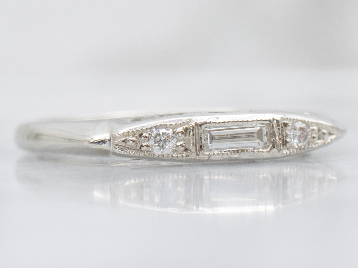 Retro Baguette and Round Cut Diamond White Gold Band