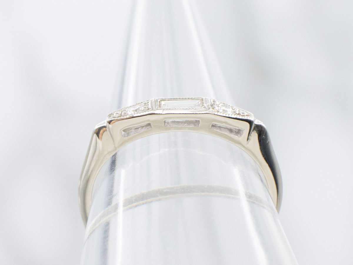 Retro Baguette and Round Cut Diamond White Gold Band
